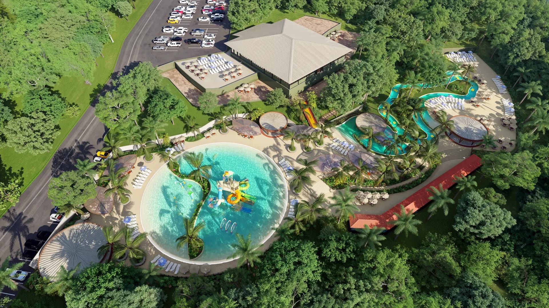 Vista aérea do parque aquático infantil do clube com piscinas e toboáguas