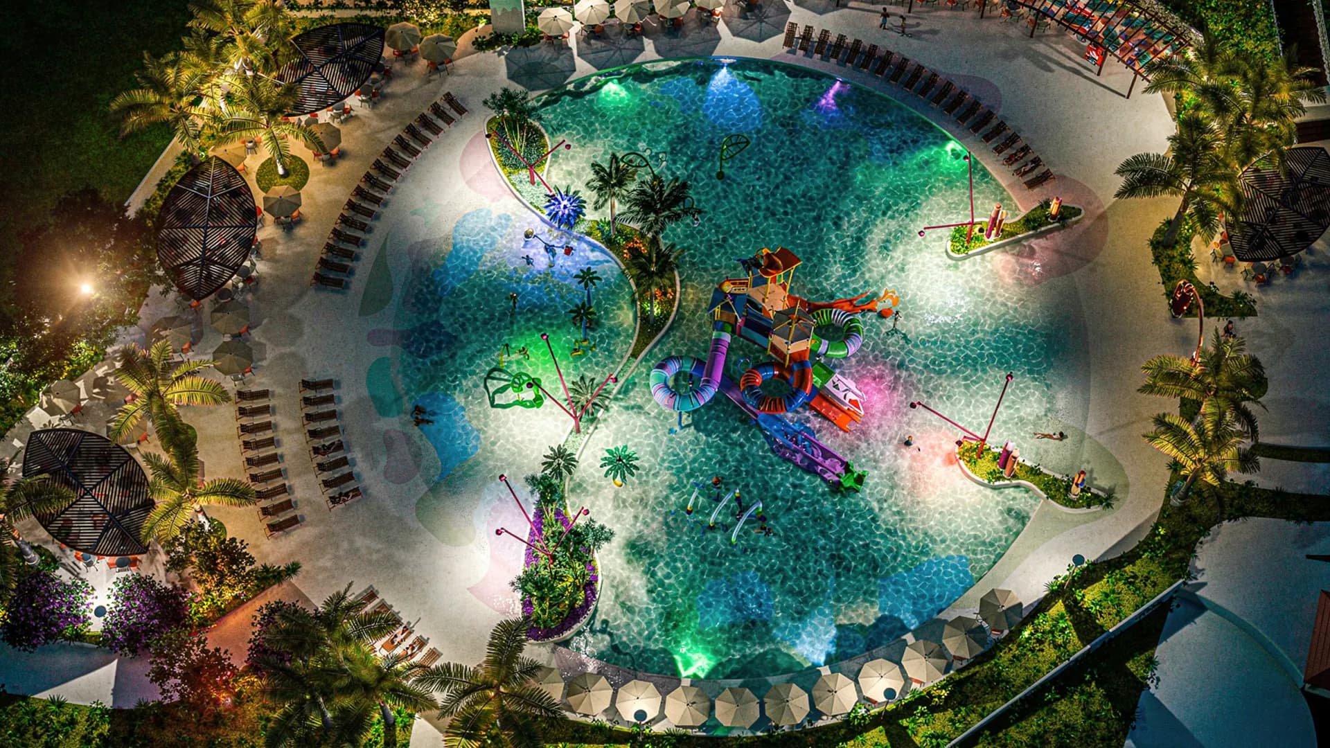 Vista aérea do parque aquático do Itororó Park Club com piscinas, toboáguas e área de lazer integrada à natureza.