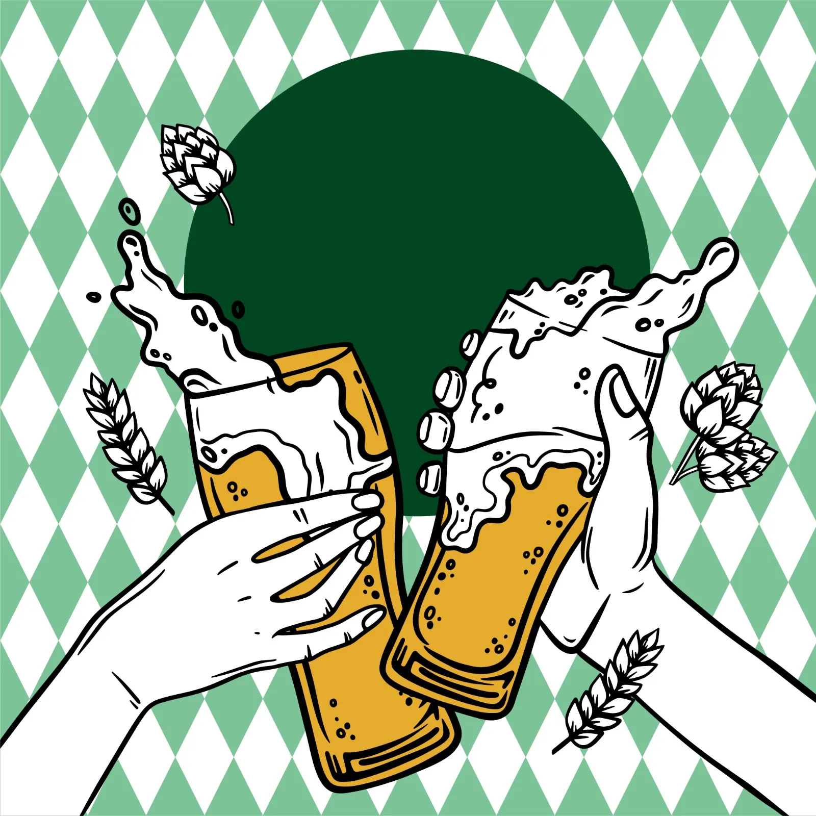 Ilustração de brinde com copos de cerveja para o card do Lounge Bar