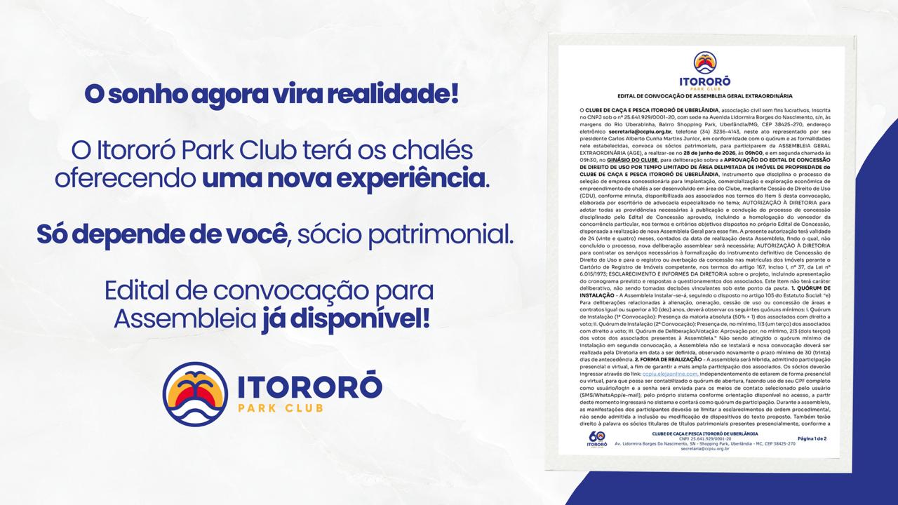 Banner da assembleia de aprovação dos chalés do Itororó Park Club com edital e datas de convocação.