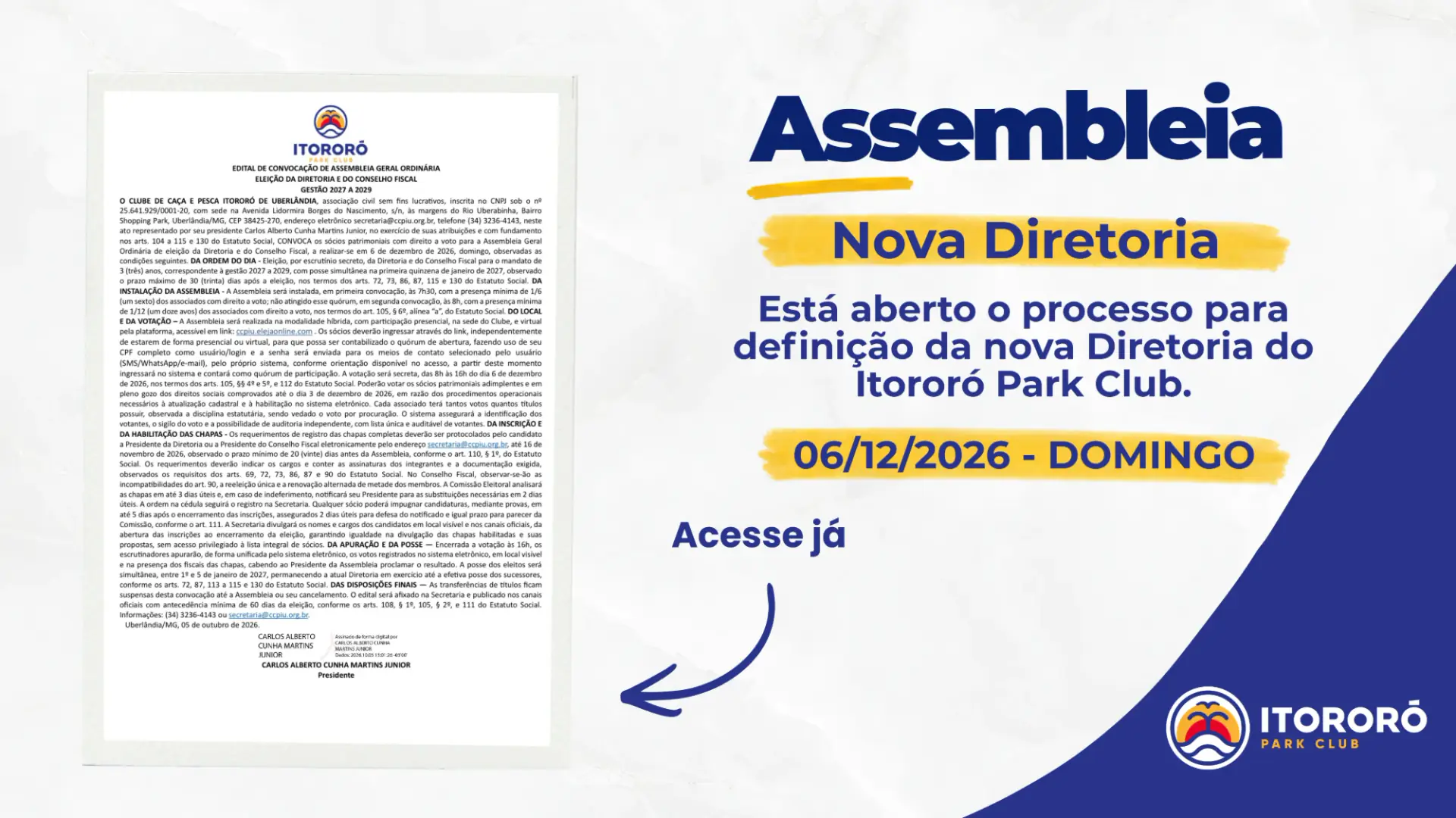 Banner da Assembleia Geral Ordinária do Itororó Park Club para definição da nova Diretoria, em 6 de dezembro de 2026, com o edital de convocação.