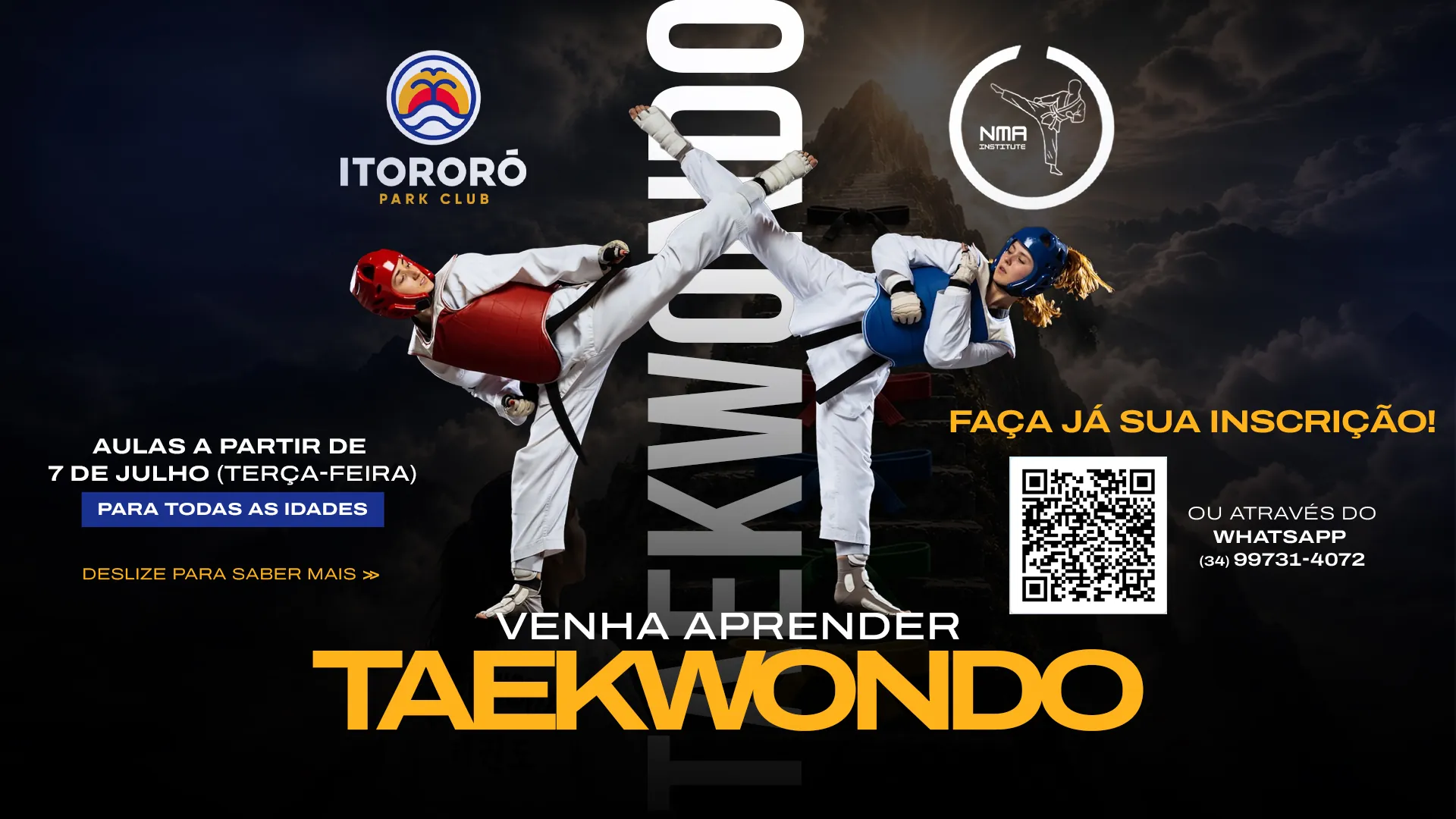 Banner das aulas de Taekwondo no Itororó Park Club, para todas as idades, com início em 7 de julho.